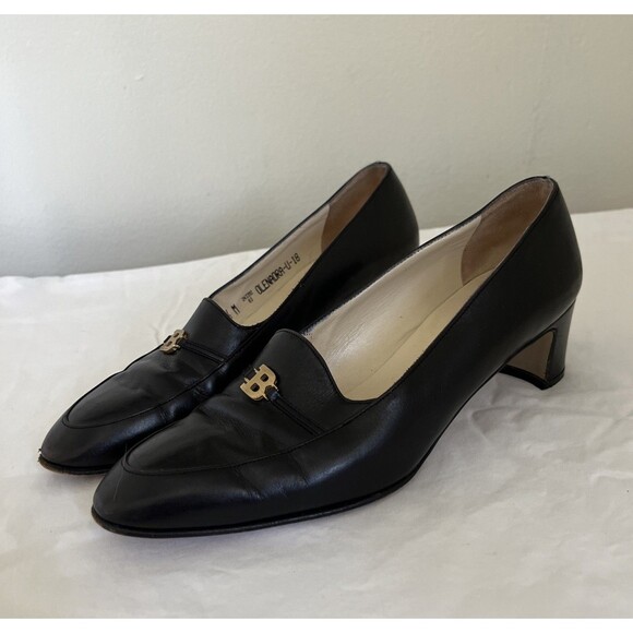 Bally Of Switzerland Vtg Black Leather Olenadra Pump Heels w/ Gold Logo- Sz 5.5M - Picture 1 of 11